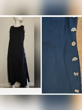 Evan-Picone Black Maxi Dress Size 12 Rayon Flax Linen Blend Animal Wood Buttons